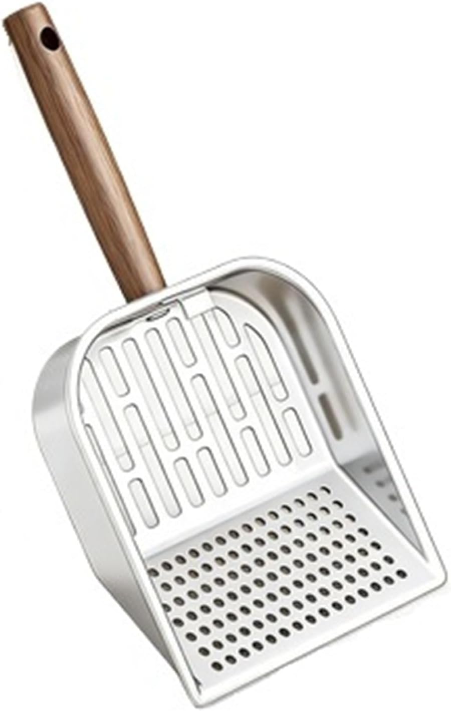 Stainless Steel Cat Litter Scoop with Long Wooden Handle, Hollow Pet Waste Cleaning Shovel(A2)