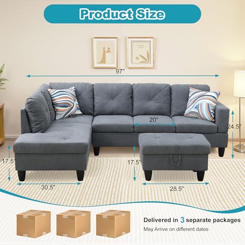 L Shaped Couch Modern Sectional Couch Upholstered Flannelette Fabric 3 Pieces Sofas for Living Room with Chaise, Storage Ottoman for Office and Small Apartment, Dark Grey - Image 3