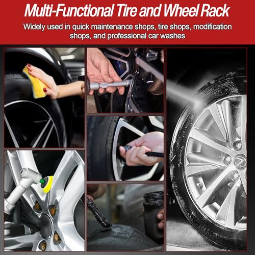 YUZINO Felgenständer mit Laufrollen, 4 Universalrollen & 3-Rollen-Design & Höhenverstellung Reifenständer aus Stahl - Detailing Wheel Cleaning Ständer für Reinigung Polieren und Wartung von Rädern