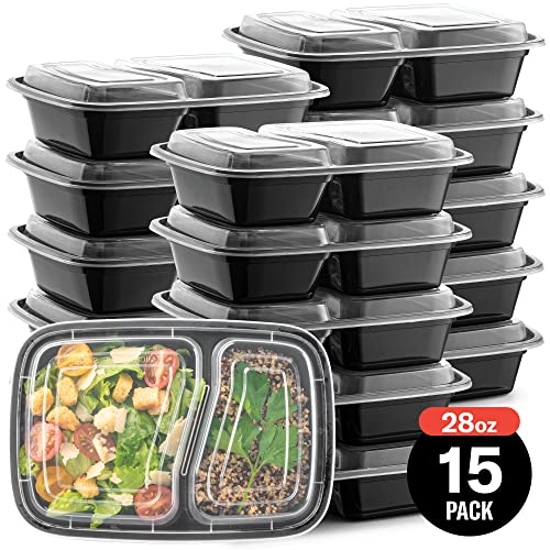 Meal Prep Plastic Microwavable Food Containers For Meal Prepping With Lids. - 2 Compartment - Black Rectangular Reusable Storage Lunch Boxes -Bpa-Free Food Grade -Freezer & Dishwasher Safe (Black - 15 Pack) #TOP6