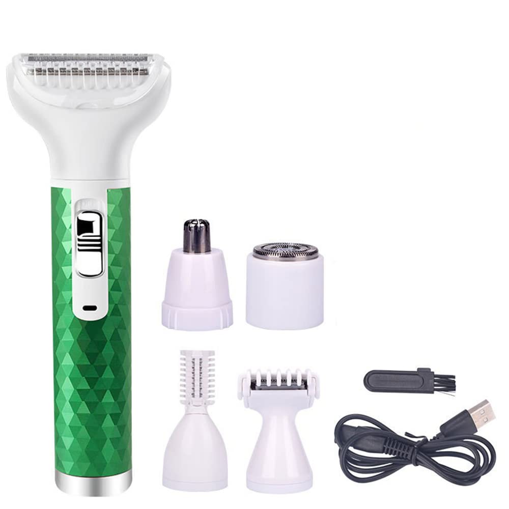 Full-Body Cordless Electric Shaver for Women, Rechargeable Hair Removal Electric Razor USB Charging 5 in 1 Painless Shaver for Bikini Women Area, Nose, Armpit, Arm, Leg Hair Trimmer (Green)