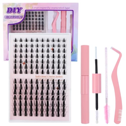 Kit Pestañas Postizas DIY Naturales D Curl, Kit Pestañas Pelo a Pelo con Incluye Pinzas, Cepillo y Pegamento,140 PCS Piezas Individual Lashes Suaves Naturales para en Casa