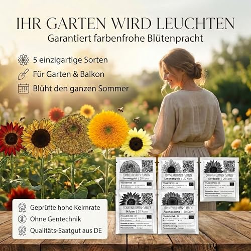 Farbenfrohe Sonnenblumen Samen mit hoher Keimrate - Blumensamen für einen bunten & bienenfreundlichen Garten (5er Set, je 20 Korn)