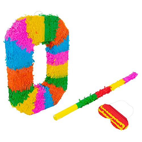 Image of Fax Potato Number 0 Pop-Out Piñata with Stick & Blindfold - Rainbow Stick - Fillable Colorful Rainbow Pinata Lightweight Cardboard Party Decoration Pack Game Set for Birthdays, Anniversary