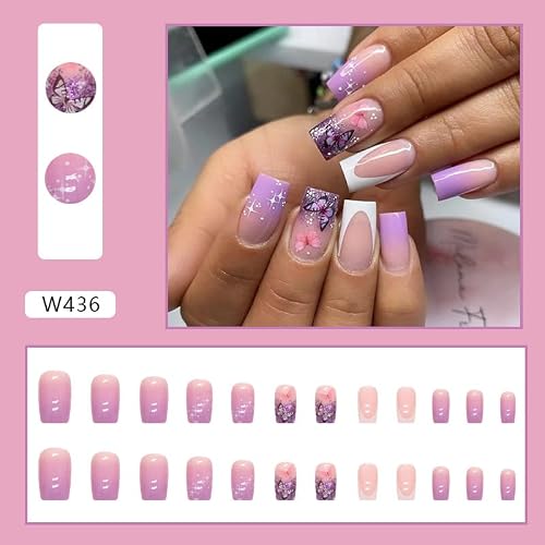 Diduikalor Press On Nails Medium, 3D Butterfly Fake Nails French Tip False Nails With Star Artificial Stick On Nails Gift For Girls #TOP1