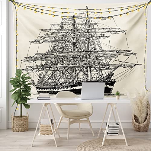 Ambesonne Pirate Ship Tapestry, Sailing Boat Detailed Illustration Nautical Maritime Theme Vintage Style Art, Wide Wall Hanging For Bedroom Living Room Dorm, 80" X 60", Cream Black #TOP6