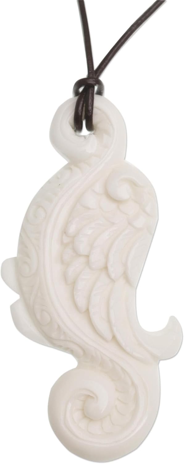 NOVICA Artisan Handcrafted Bone Pendant Necklace Wingshaped from Bali Leather Indonesia [14.25 in min L x 29.5 in max L 1 mm W Pendant(s) 1.9 in H x 0.9 in W x 0.2 in D] ' Fantastic Angel'