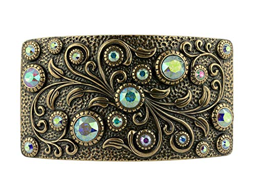 HA0850 Rhinestone Crystal Belt Buckle Antique Brass Rectangle Floral Engraved