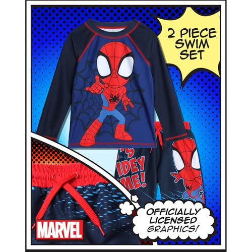 Image of Marvel Boys Rash Guard Set 2 Piece Hulk Spiderman Swim Shirt & Swim Trunks
