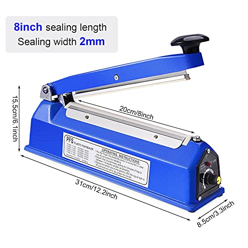 Suteck 8 Inch Impulse Bag Sealer, Manual Poly Bag Sealing Machine W/Adjustable Timer Electric Heat Seal Closer With 50Pcs 4X6 Inch Shrink Wrap Bag And 2 Free Replacement Kit (Sapphire) #TOP6