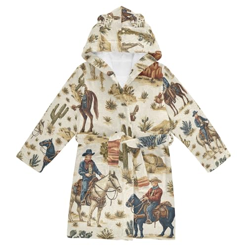 Glaphy Vintage Western Cowboys Horses and Cacti Bathrobe Hooded PJ Robe Soft Fleece Robe Pajama Sleepwears 2-12 Years