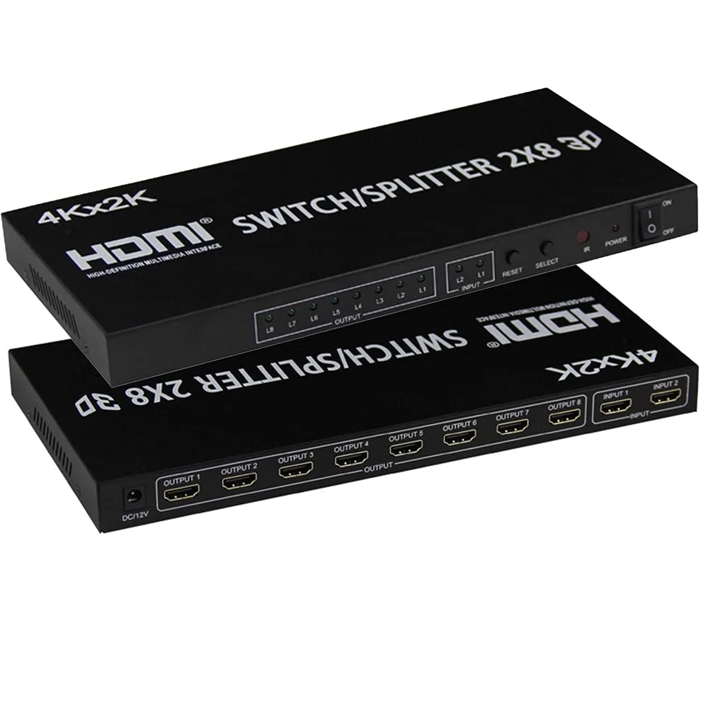 2X8 HDMI Splitter, Full HD 4K Video HDMI Switcher 2x8 Split 2 in 8 out Dual Screen per PS3 Xbox PC a HDTV Monitor Proiettore con alimentazione