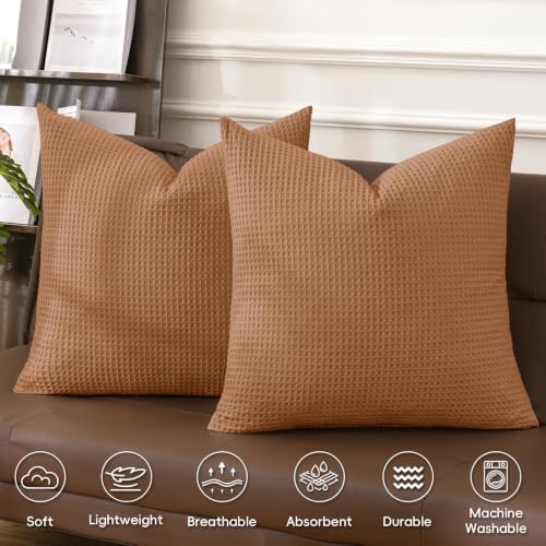 PHF Cotton Waffle Throw Pillow Covers 24" x 24", Cinnamon Brown, No Insert by PHF - Used condition - Image 3