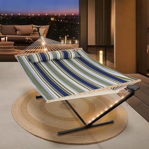Image of SUNCREAT Double Hammock with 12 ft Stand, Solar Powered Lights, Outdoor Standing 2 Person Hammock, Dark Green