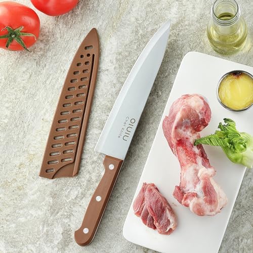 OLULU 8 inch Chef Knife, Razor Sharp Kitchen Knife with Protective Knife Sheath, Razor Sharp Slicing Knife with Ergonomic Handle, German Stainless Steel, Dishwasher Safe (Brown Color) — view 3