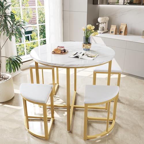 WASAGA Table de Salle à Manger avec Quatre Chaises, Table Moderne de Luxe et Chaises en Velours avec Plateau en MDF et Cadre en Fer Plaqué Or (Blanc+Or)