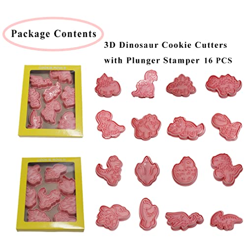 Dinosaur Cookie Cutters with Plunger Stamps, 16 PCS 3D Dinosaur Pressable Biscuit Cutters Shape, Embossing Cutters for Baking Dinosaur Kids Theme Birthday Party Decorations