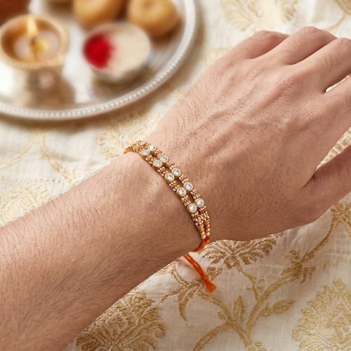 Image of Peora Rakhshabandhan Thread Rakhi for Brother Bhaiya | Kundan Beads & Crystal Studded | Combo Set of 2 | Rakhi Hamper Roli Chawal & Greeting Card