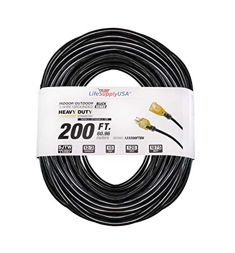 LifeSupplyUSA 12/3 200ft SJTW 15 Amp 125 Volt 1875 Watt 3 Prong Lighted