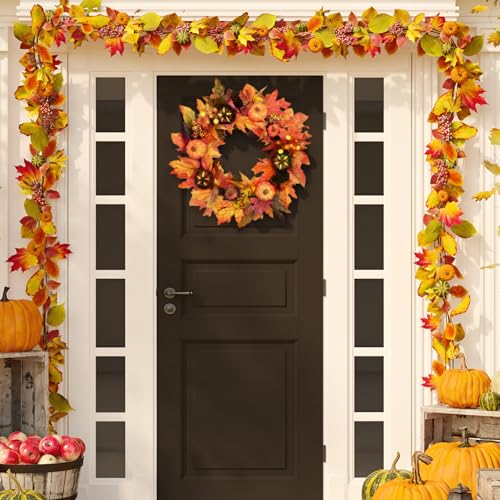 Pumpkins Thanksgiving Fall Wreaths for Front Door 18 inch Decorations for Home with Pumpkins, Pinecone Maple Leaf, Decorations for Halloween Farmhouse Outdoor Indoor Window Wall Home Decor - Thumbnail 5