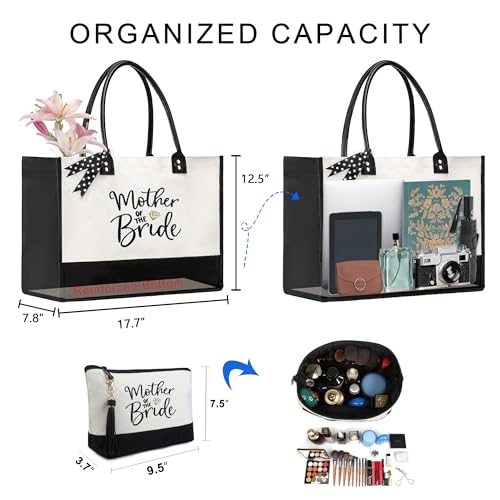 Image of BeeGreen Mother of The Bride Bridal Shower Gift for Women with Zipper Pocket Embroidery Monogram Wedding Tote Bag for Bride Bachelorette Gifts Engagement Gifts