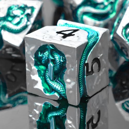 RULE DICE Metal DND Dice Set for Dungeons and Dragons - Polyhedral D&D Dice Set with Green Serpent Design - Balanced D&D Dice for RPGs