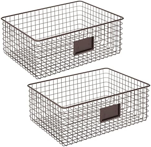 mDesign Set of 2 Wire Storage Basket  Wire Basket with Label Slot for Storing Items  Metal Basket for Kitchen, Bedroom, Bathroom  40.6 cm x 30.5 cm x 15.2 cm  Bronze