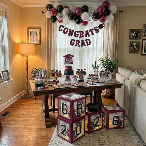 Graduation Decorations Class of 2026 Maroon Balloon Boxes and Arch Garland Kit for High School & College, Congrats Grad Party Table Decorations with 4 String Lights, 2026 GRAD So Proud of You Letters by Duwagtry - Used condition - Image 8