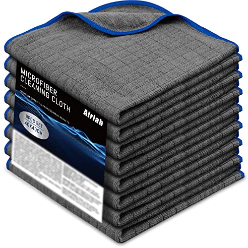 Airlab Microfiber Towels for Cars Wash & Drying Auto Detailing, Highly Absorbent, Lint-Free, Streak-Free, All-Purpose Cleaning Cloths for Household, 16' x 16', Pack of 8, Grey