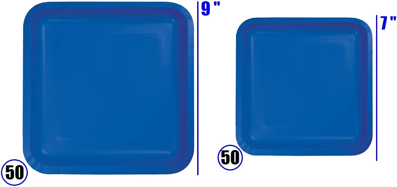 Oojami 100 Count Square Blue Paper Plates 50~9" Dinner Paper Plates 50~7" Dessert Paper Plates Blue Party Theme