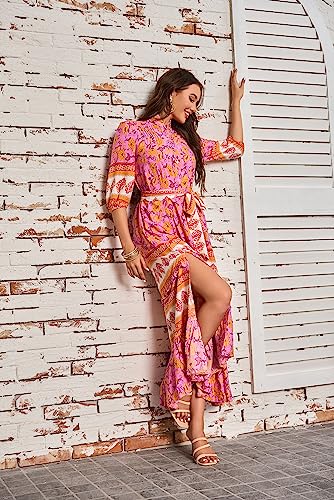 Image of Women Boho High-Waist Floral Print Maxi Dress 3 /4 Sleeve Casual | Soft Rayon, Breathable, Quick-Dry. High-Waist with Adjustable Belt, Flattering Hem. Ideal for Beach, Work & Dating.