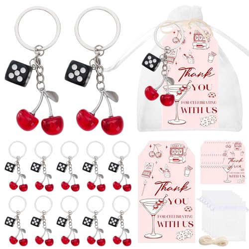 LIKEYO 12 Set Lucky in Love Bridal Shower Favors - Red & Black Lucky in Love Decorations Keychain Set Cherry Dice Keychain Party Supplies for Wedding Bachelorette Engagement Party Decorations