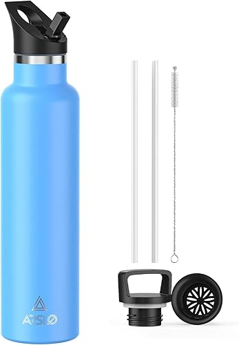 Miniatura 14 de Botellas de agua de doble pared de acero inoxidable, botella aislada al vacío con tapa con popote, botella de agua aislada mantiene el agua fría
