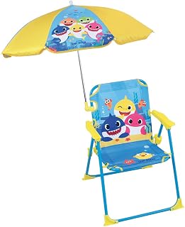 Fun House 713463 Baby Shark - Silla Plegable para Acampada, tamaño: H.38,5 XL.38,5 x P.37,5 cm + Parasol Ø 65 cm para niños, Multicolor