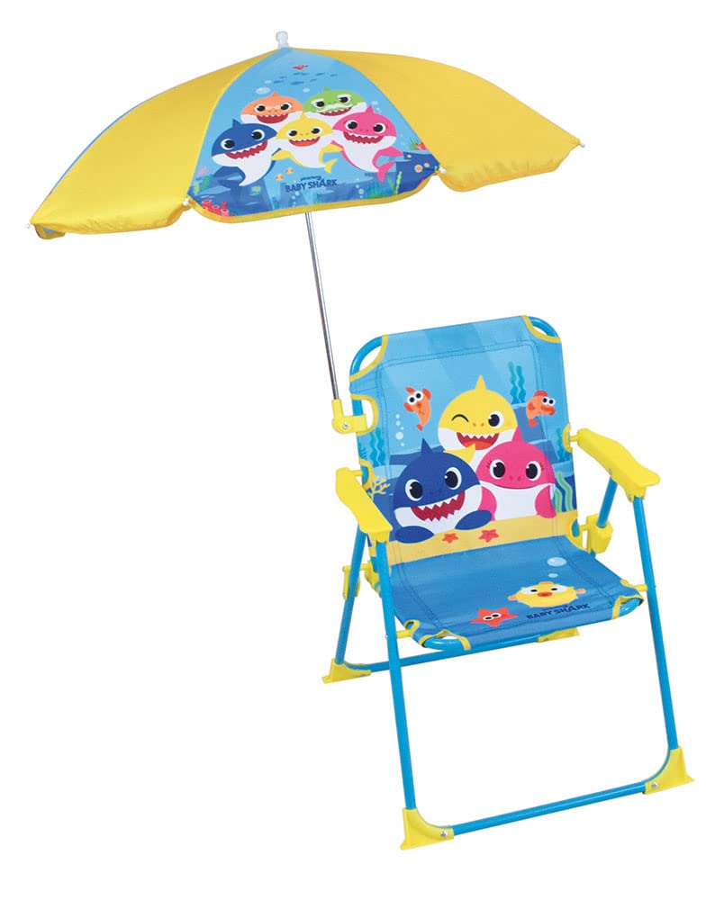 Chaise Pliante Enfant FUN HOUSE Baby Shark - Avec Parasol Ø65cm, Multicolore, 38.5x38.5x37.5cm - Pour Jardin, Plage