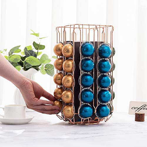 Mygift Stainless Steel Copper Metal Coffee Pod Holder Storage Organizer Stand With 360 Degree Rotating Carousel With Sleeve Storage Compartment, Compatible With Nespresso Vertuo Capsule #TOP3