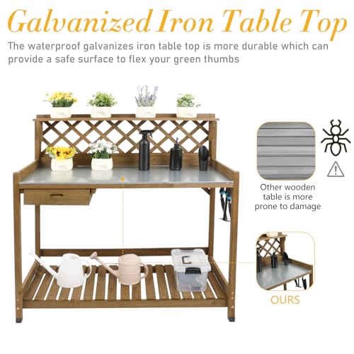 image for Ketive Garden Potting Bench with Metal Tabletop,Outdoor Potting Table 