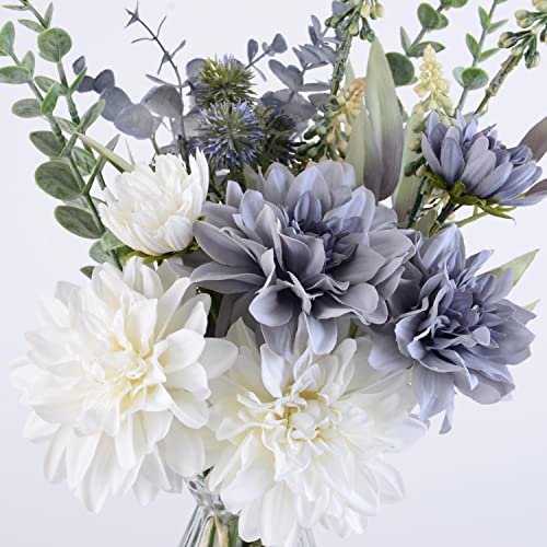 Perfnique Fake Flowers With Vase, Silk Dahlia Faux Flowers In Vase, Artificial Flowers Bouquet For Home Decor, Floral Arrangement For Dining Table Centerpiece, Boho Flower Decor (White And Blue) #TOP4