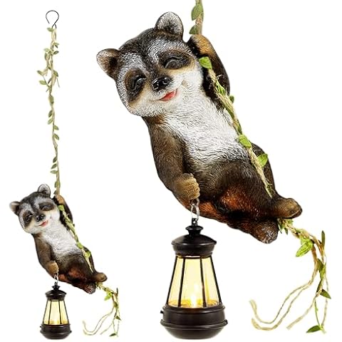Joliyoou 1 Pack Solar Light Outdoor Statues, 6.5"H Resin Raccoon Climbing On A 23.6"L Vine with LED Lantern, Waterproof Hanging Animal Figurine with Hook for Yard Garden Wall Balcony Tree Decoration Cover