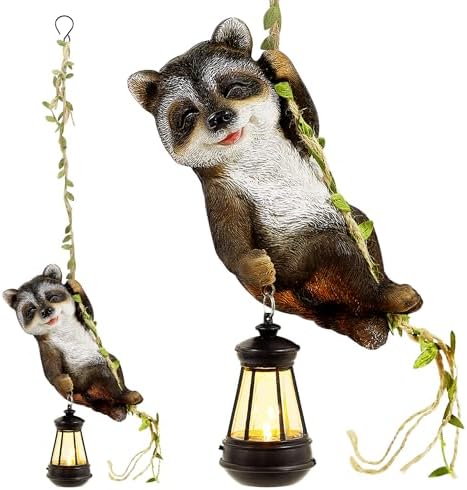 Illuminate Your Nights with These 5 Must-Have Animal Solar Lights 5 Joliyoou 1 Pack Solar Light Outdoor Statues, 6.5"H Resin Raccoon Climbing On A 23.6"L Vine with LED Lantern, Waterproof Hanging Animal Figurine with Hook for Yard Garden Wall Balcony Tree Decoration