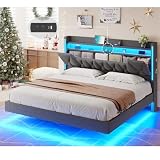 King Size Bed Frame with Storage Headboard, Floating Bed Frame King Size,Platform Bed with Charging Station, Floating Bed with LED Lights No Box Spring Needed, Noise-Free, Easy Assembly,Dark Gray
