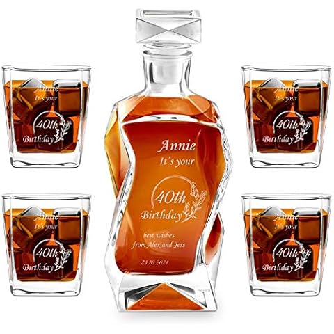 Maverton Whiskey decanter set with 4 glasses for man - Personalized liquor dispenser for him - Whisky carafe for Birthday - 5 piece set for whiskey lovers - - WISHES Cover