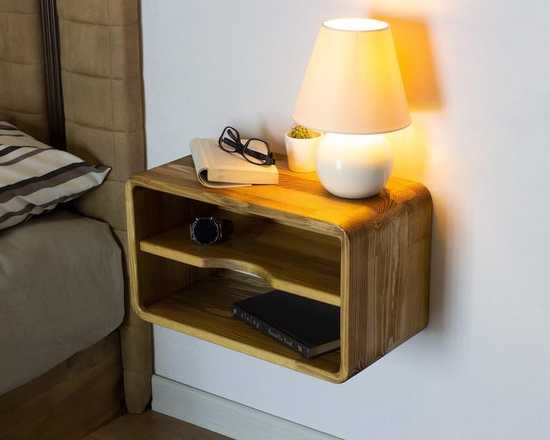 Wooden Wood Floating Nightstand Teak Finish Modern Bed Side Table (Imperial Teak Polish) Clasic Bed Side, nightstand Shelf Organize Storage for Home Decor-image-26