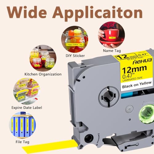 Hehua Tze Tape 12mm 0.47 Laminated Yellow Compatible for Brother TZe-631 Black on Yellow, 3 Pack Label Maker Tape for PT-D200 - Image 7