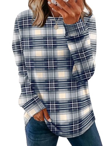 WIHOLL Womens Long Sleeve Shirts Casual Round Neck Tunic Sweatshirts Loose Fitting Tops Work Winter Sweaters Navy Plaid S