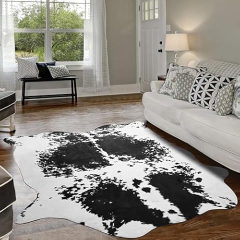 Terrug Cowhide Rug Western Decor, 4.6 x 5.2 Feet Premium Western Cow Print Rug, Large Faux Carpet for Living Room Bedroom Entryway Kitchen Hallyway Party Wall Home Decor, Black White Cover