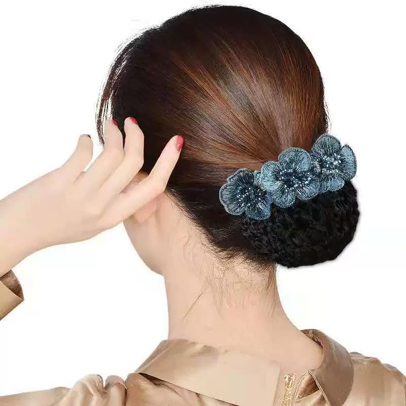 Blue Lace Embroidery Flower with Crystal Hair Snood Net Barrette Elastic Hair Bun Cover for Women