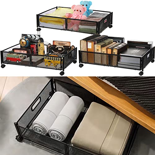 3 Pcs Under Bed Storage Containers With Wheels Underbed Storage Organizer Drawer Rolling Under Bed Metal Basket Wire Black Underbed Storage Cart For Home Office Clothes Shoes Bedding Books Toy Blanket #TOP7