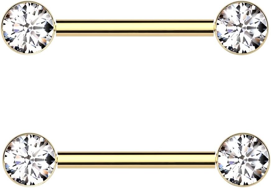 Pierced Owl 14GA ASTM F-136 Implant Grade Titanium Threadless Push-In Bezel Set CZ Crystal Ends Nipple Barbells, Sold as a Pair