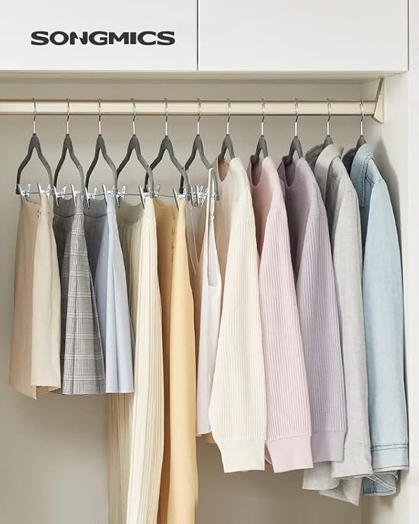 SONGMICS 30 Pack Pants Hangers, 16.7 Inches Long Velvet Trousers Hangers with Adjustable Clips, Heavy-Duty, Non-Slip, Space-Saving for Pants, Skirts, Coats, Dresses, Tank Tops, Gray UCRF12V30 by SONGMICS - Image 2